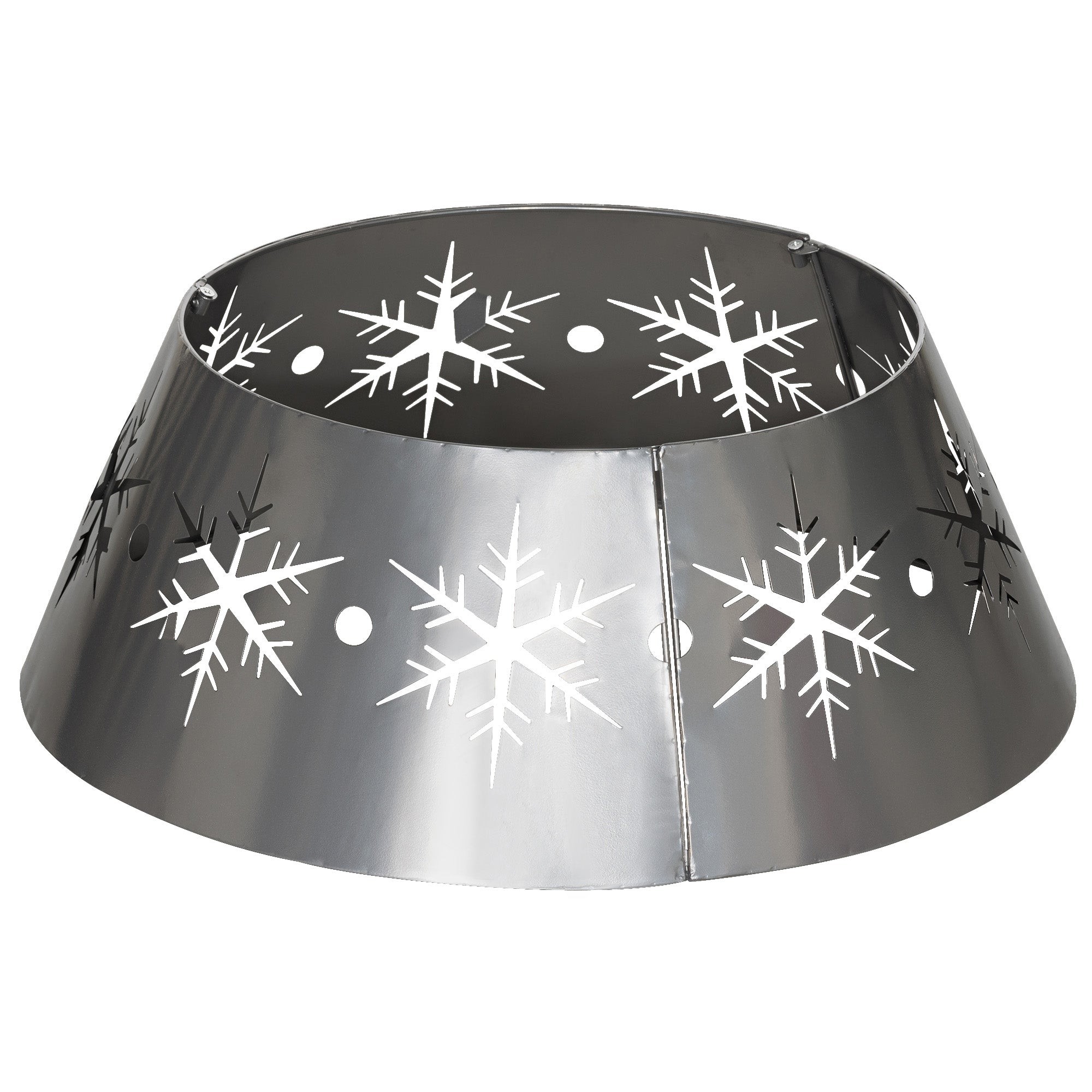 Silver metal Christmas tree base cover featuring hollow snowflake patterns, designed for festive decoration, with a smooth finish and circular shape.