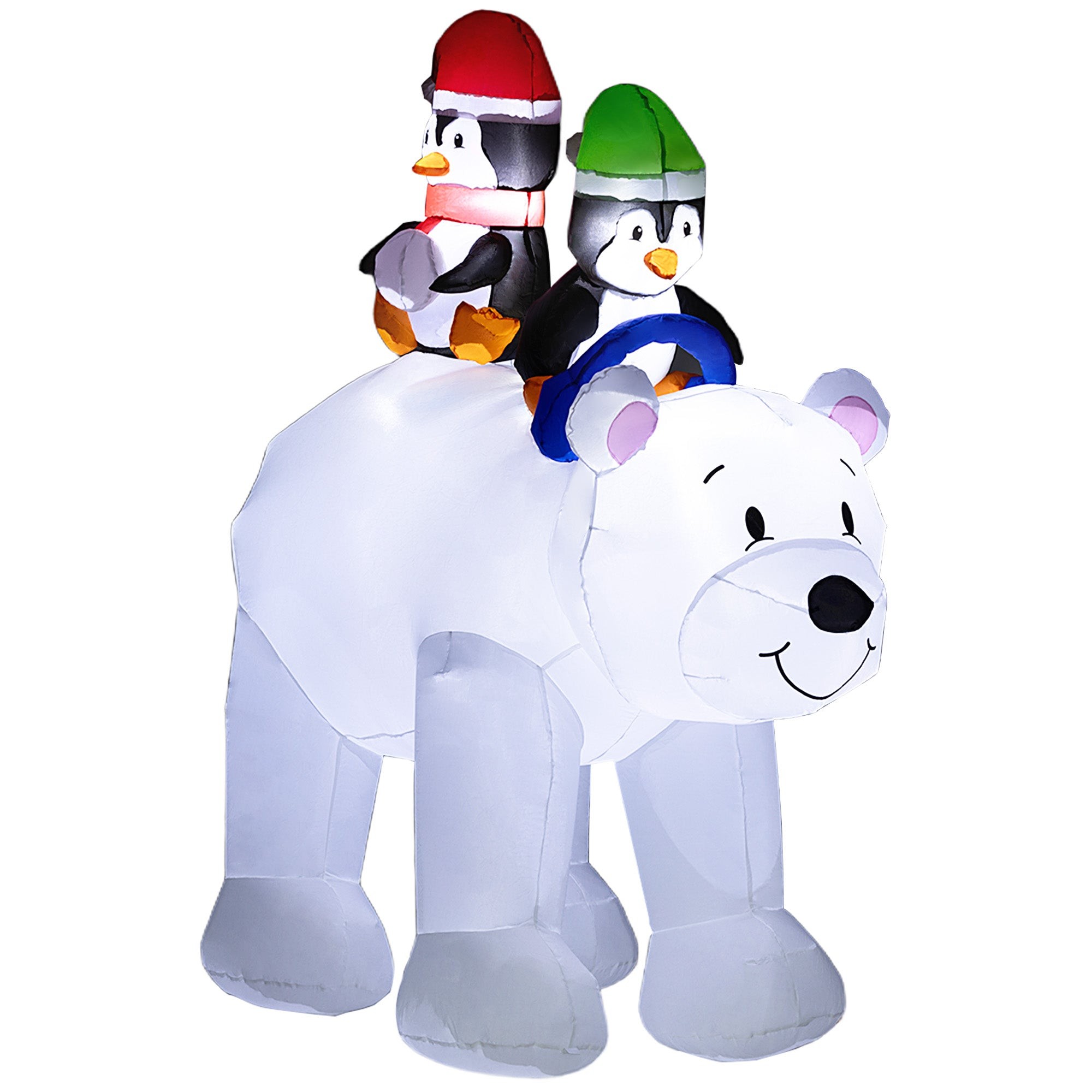 Inflatable Christmas decoration featuring two penguins in winter hats riding on a smiling white polar bear, made of durable material and illuminated for festive display.