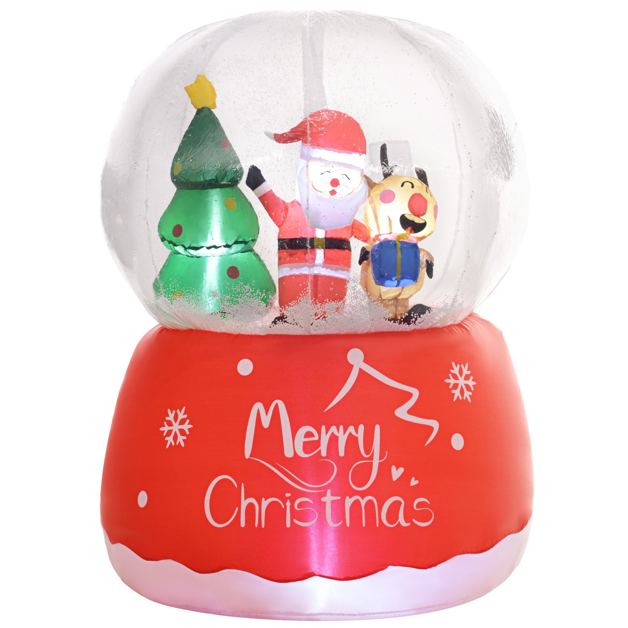 5.5FT inflatable Christmas crystal ball featuring a Santa, a Christmas tree, and a snowman, with colorful LED lights and a red base that reads "Merry Christmas."