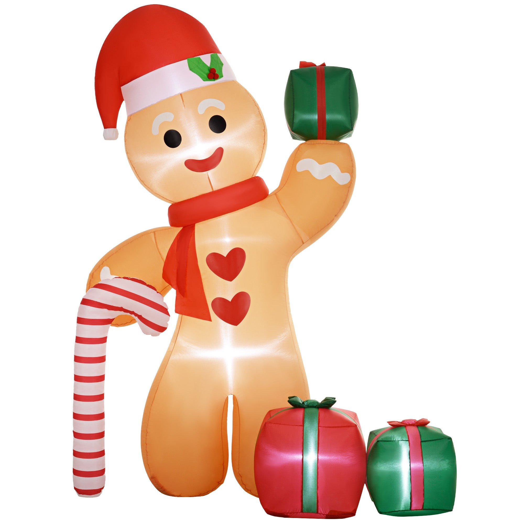 Inflatable 8FT gingerbread man wearing a red hat and scarf, holding a candy cane, with two green and red gift boxes beside him, featuring bright colors and a festive design.