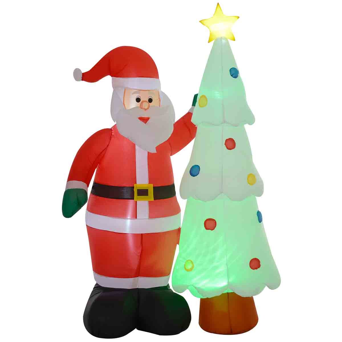 7ft inflatable Santa Claus in a red suit with black boots, standing next to a glowing green Christmas tree adorned with colorful ornaments and a star on top.