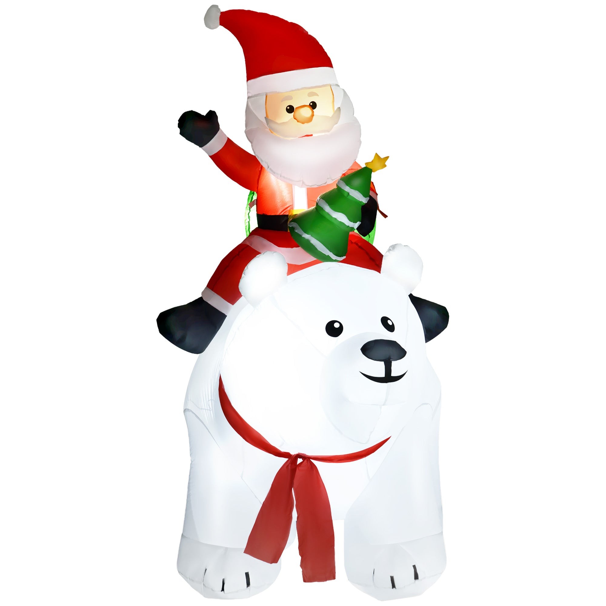 Inflatable Santa Claus in a red suit with a green gift, cheerfully sitting on a large white polar bear, both illuminated, perfect for garden holiday decor.