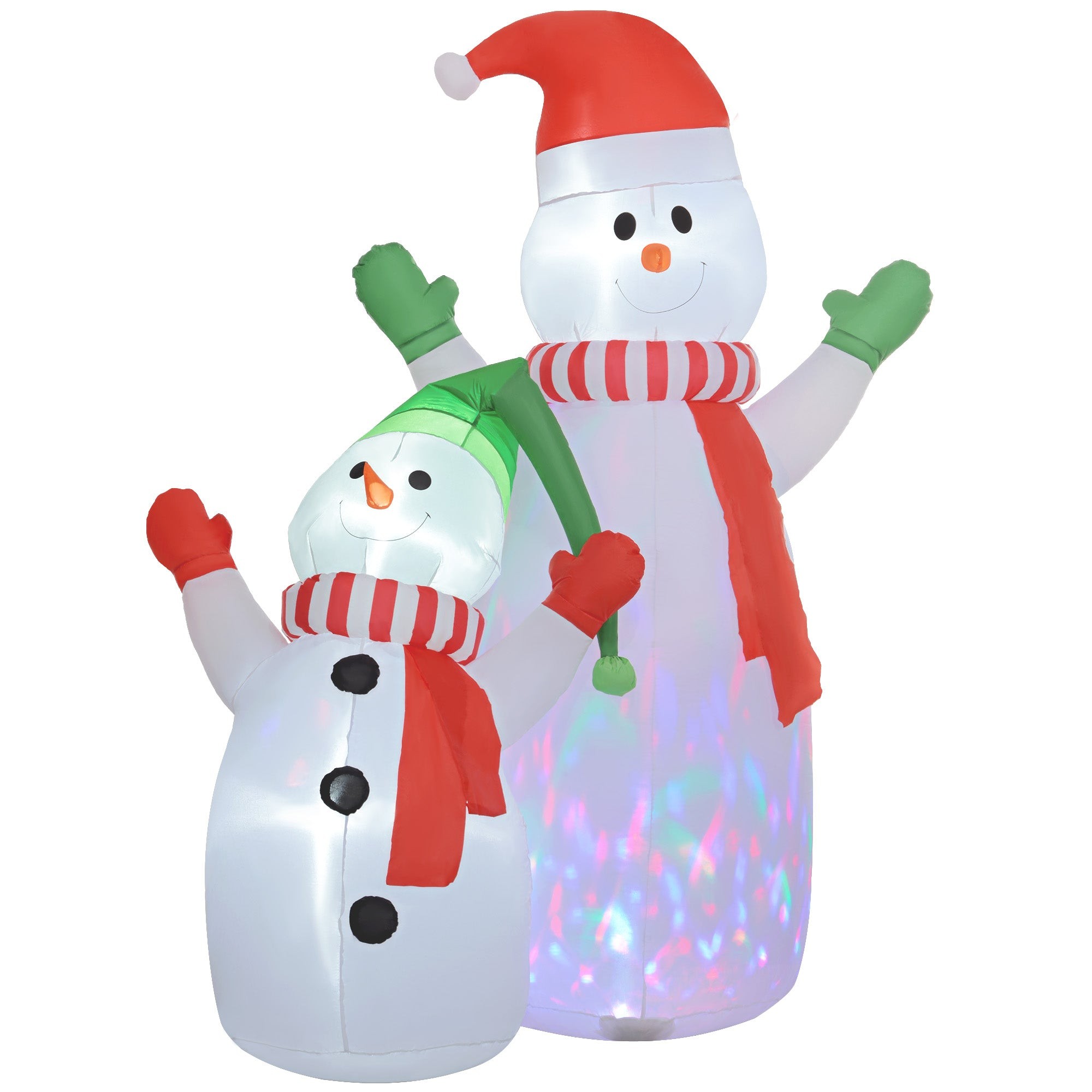 An 8FT inflatable snowman wearing a red hat and scarf, with a green-hatted smaller snowman, both featuring colorful rotating LED lights and cheerful expressions.