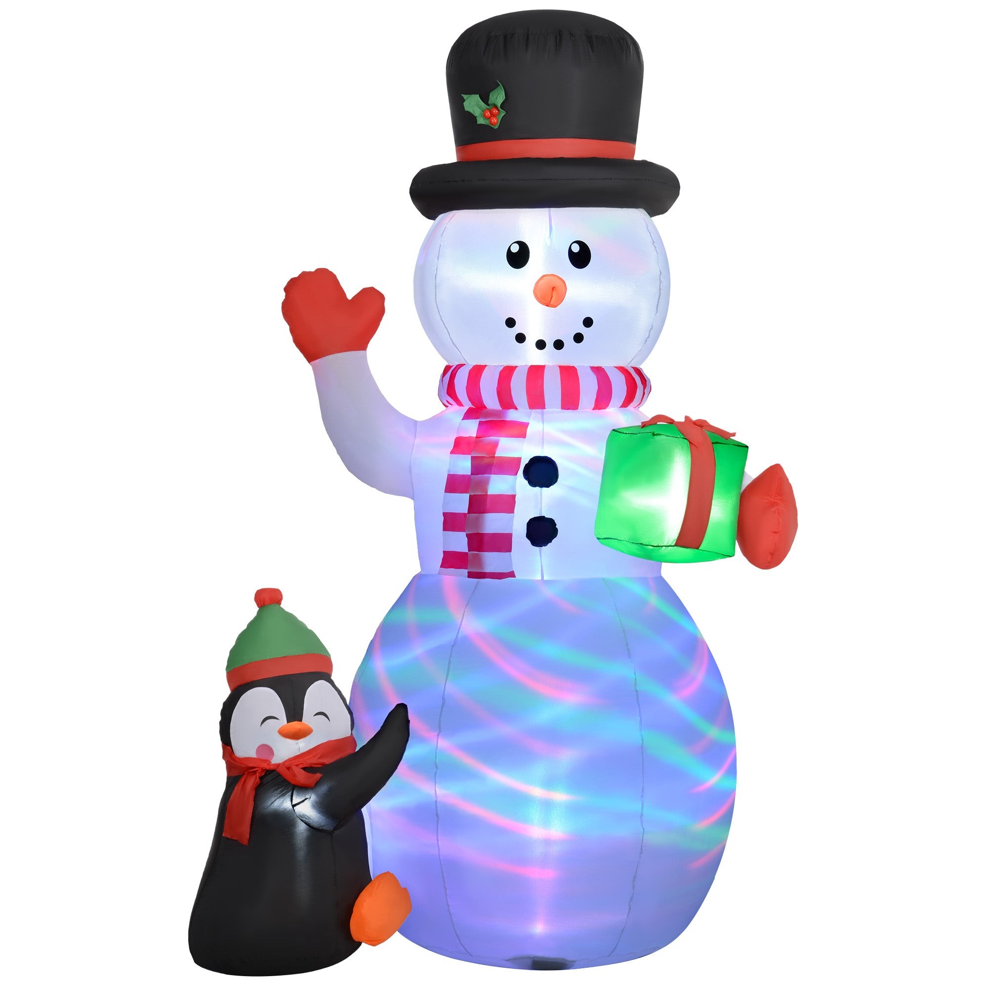 Inflatable 8FT snowman in a black hat and red scarf, holding a green gift box, next to a penguin wearing a green hat, both illuminated with colorful LED lights.