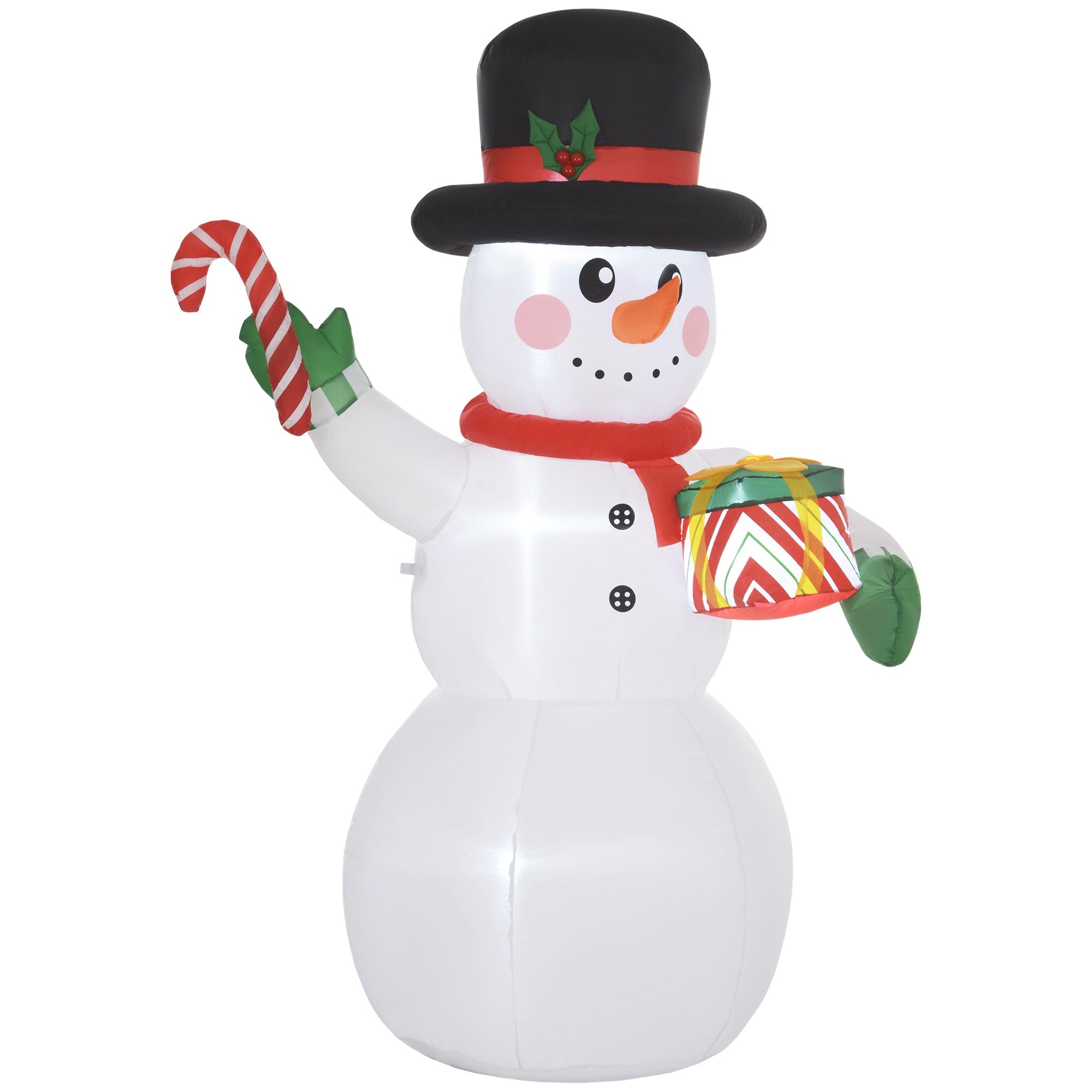 6FT inflatable snowman in white with a black top hat, red scarf, holding a candy cane and a colorful gift box, perfect for festive party decorations.
