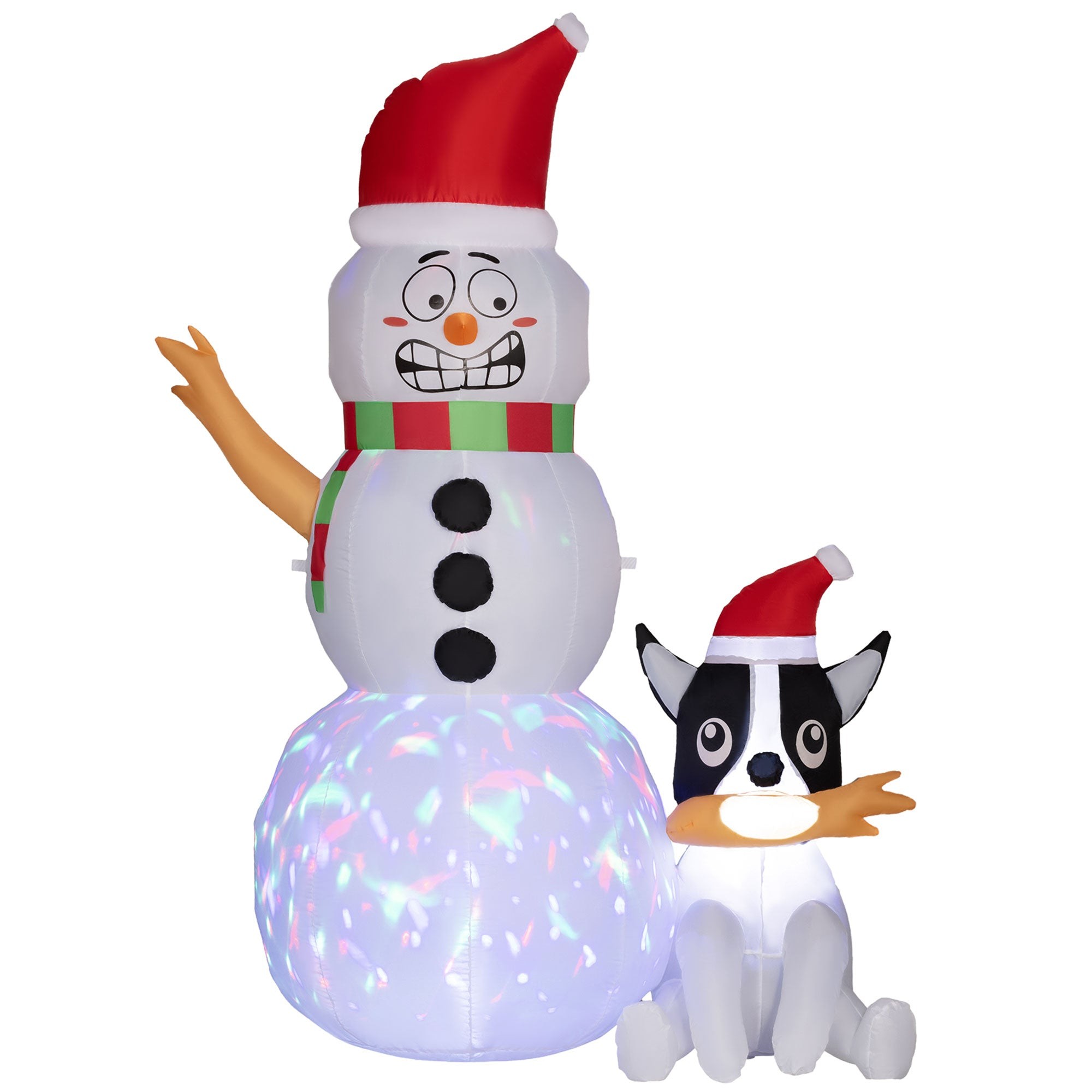 A 6.2FT inflatable snowman wearing a red hat and green scarf stands next to a black and white dog, both illuminated with colorful lights, perfect for outdoor holiday decor.