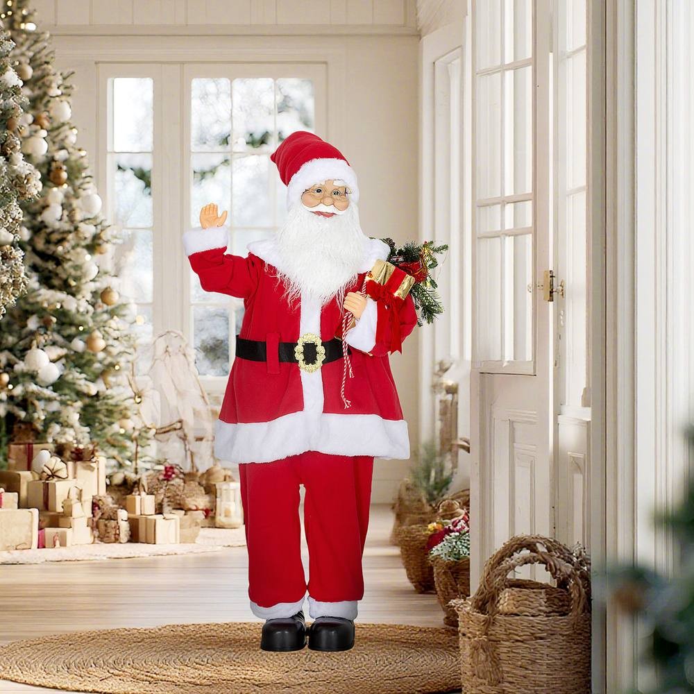 Life-size animated Santa Claus in a red suit with black belt, holding gifts, features a white beard, glasses, and is sound-activated, perfect for festive decorations.