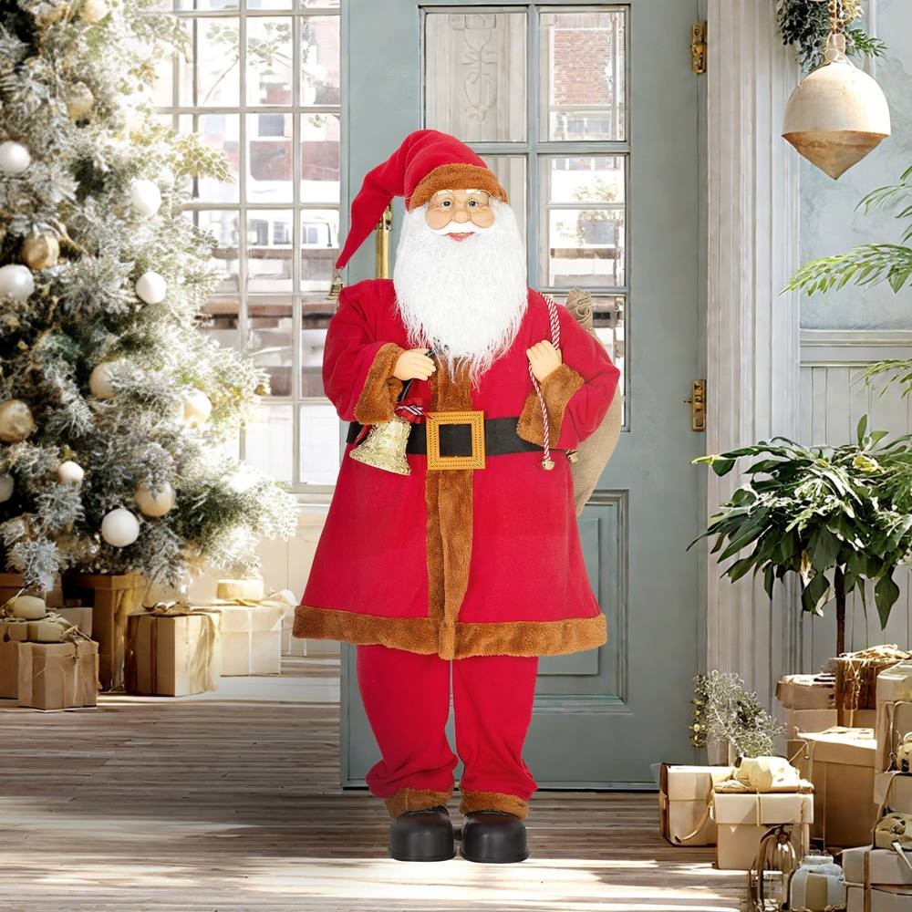 Musical animated Santa Claus in a red outfit with a black belt, holding a bell and sack, features a fluffy white beard, standing 120CM tall, set in a festive room with decorations.