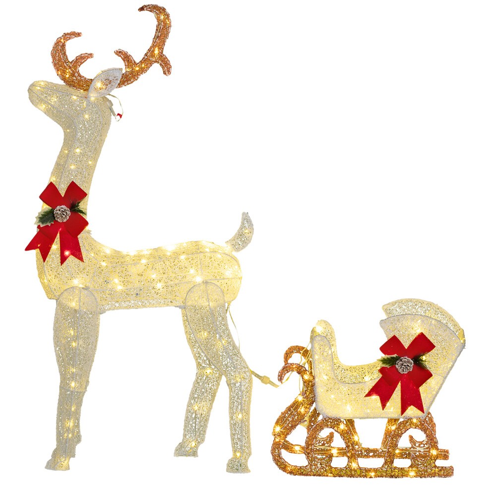 Light-up reindeer and sleigh Christmas decoration featuring 170 LED lights, with a golden finish, red bows, and a sparkling design, perfect for festive displays.
