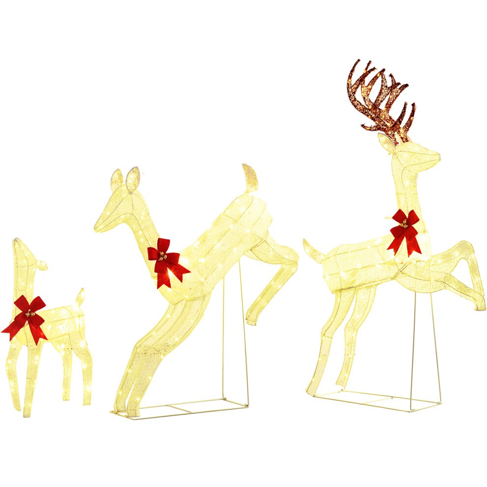 Three illuminated Christmas reindeer decorations in warm white, featuring a larger reindeer with brown antlers and red bows, made of a lighted mesh material.