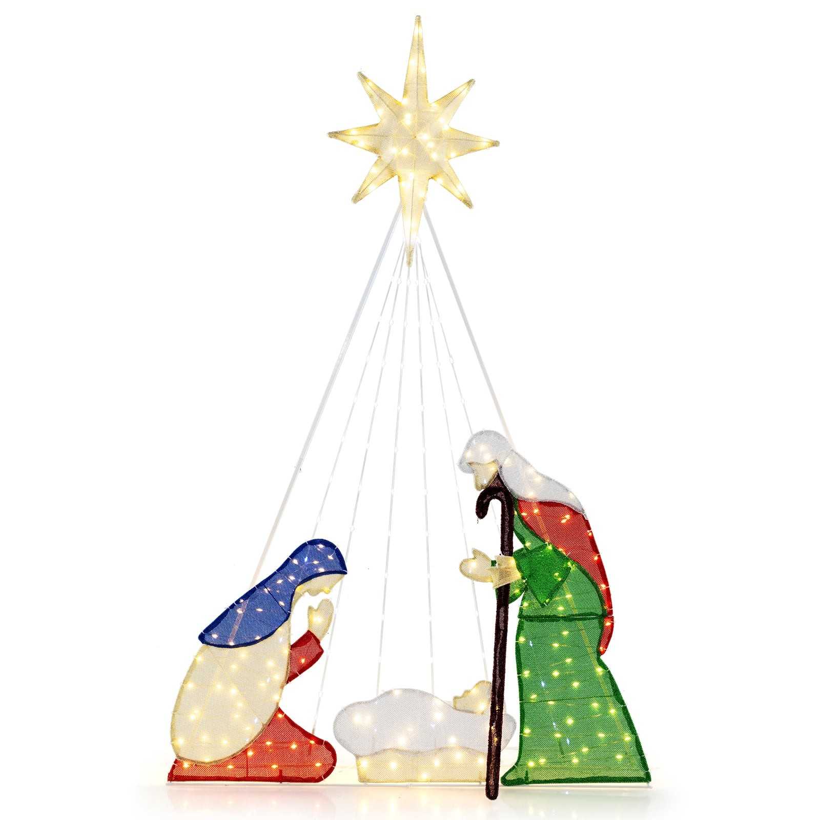 Lighted 6-foot Nativity scene featuring Mary in blue, Joseph in green, and baby Jesus, adorned with a bright star and illuminated with warm white lights.