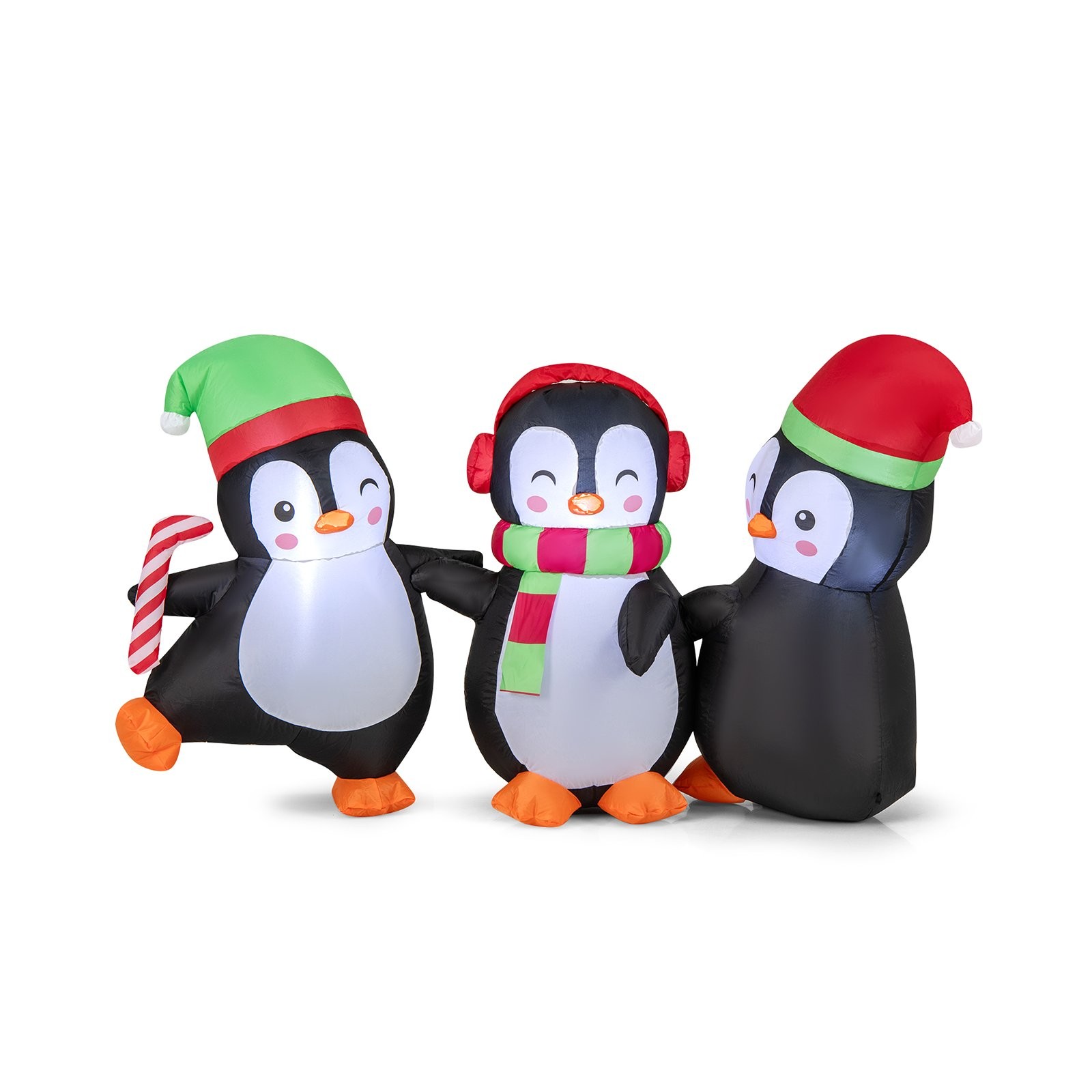 Three inflatable penguins in festive attire: one wears a green hat, another has red earmuffs, and the third sports a red hat, all holding a candy cane, with LED lights for illumination.