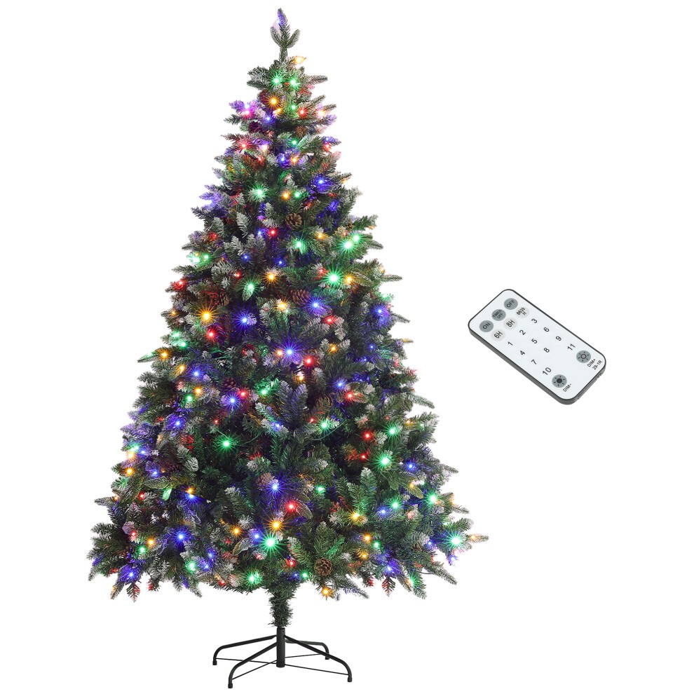 7ft green artificial Christmas tree with realistic hinged branches, adorned with multicolored prelit LED lights, accompanied by a remote control for easy operation.