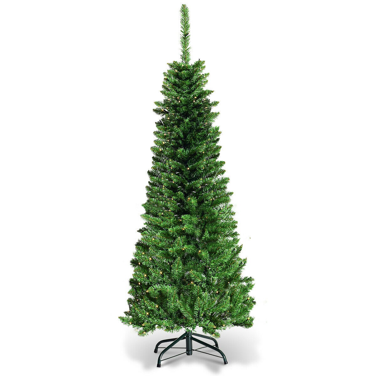 Artificial green pencil Christmas tree, 6.5FT tall, featuring dense foliage and a sturdy black metal stand, designed for indoor holiday decoration with LED lights.