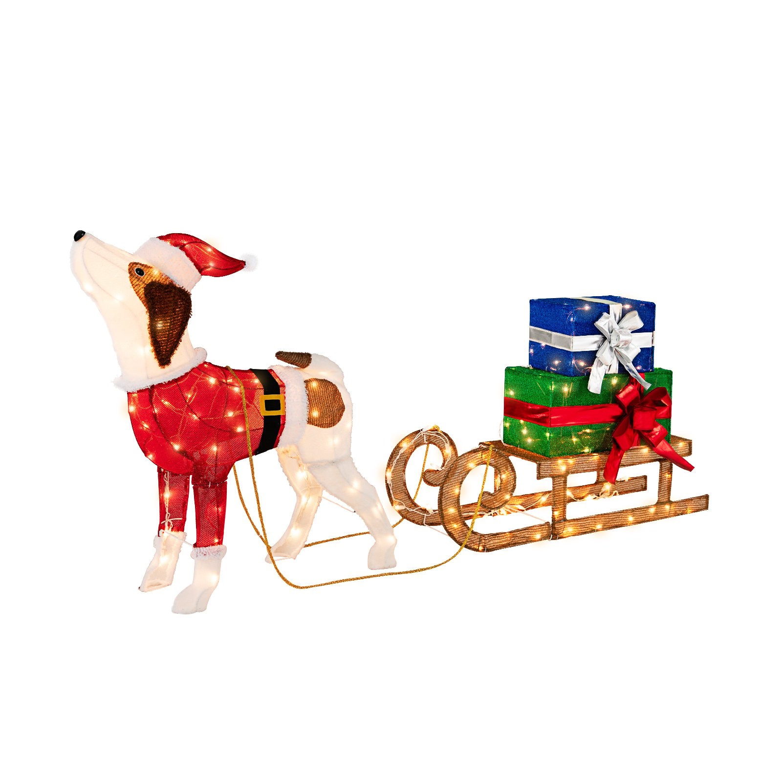 A festive dog in a Santa outfit pulls a sleigh with three colorful gift boxes, all pre-lit with warm lights, creating a cheerful holiday decoration.