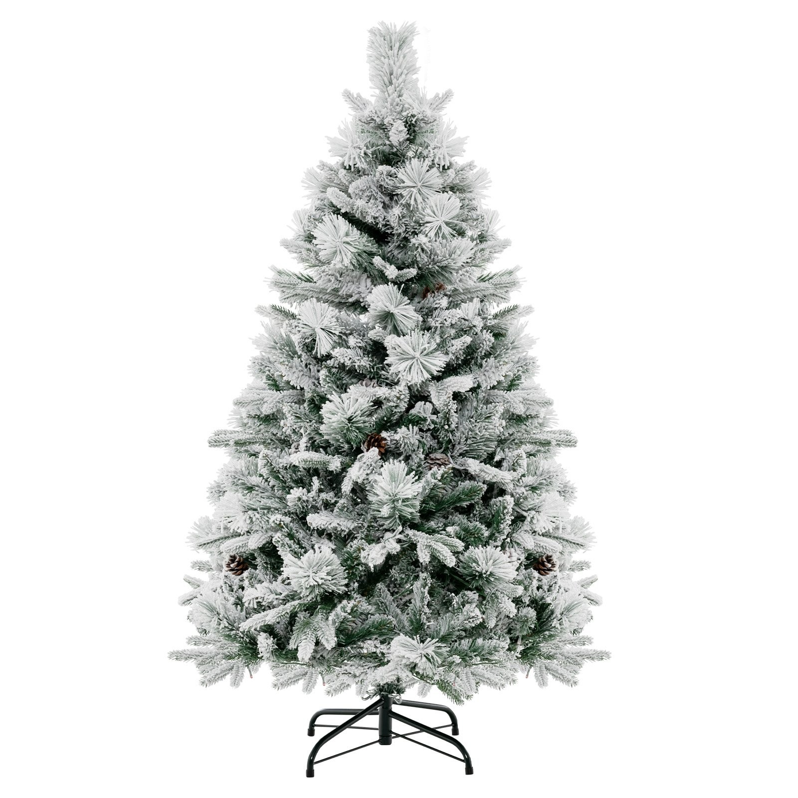 4.5 FT artificial Christmas tree with frosted green pine needles, decorated with pinecones and equipped with LED lights, set on a black metal stand.
