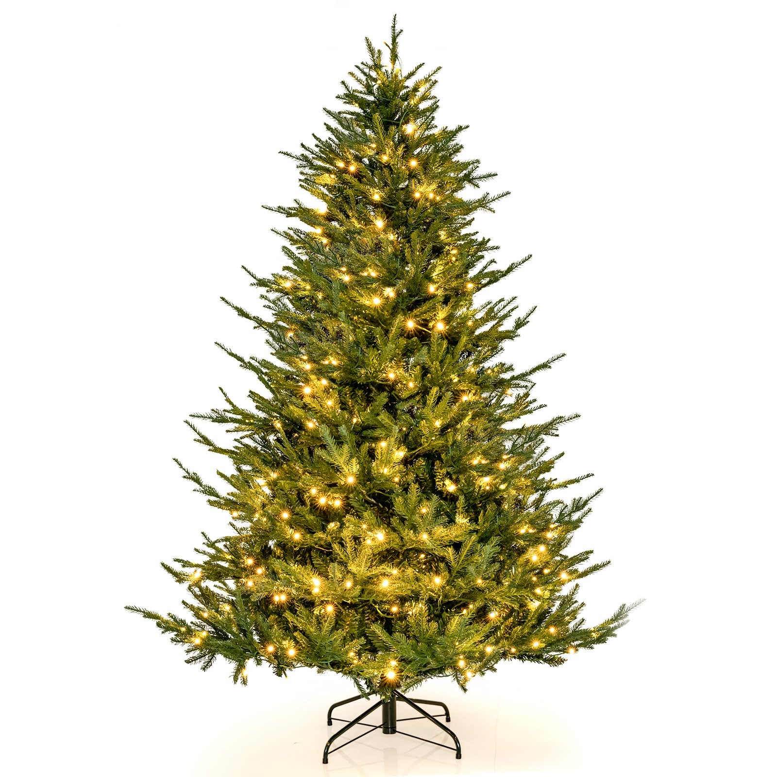 6-foot pre-lit Christmas tree featuring lush green branches, warm white LED lights, and a sturdy black metal stand, with 8 different lighting modes for festive displays.