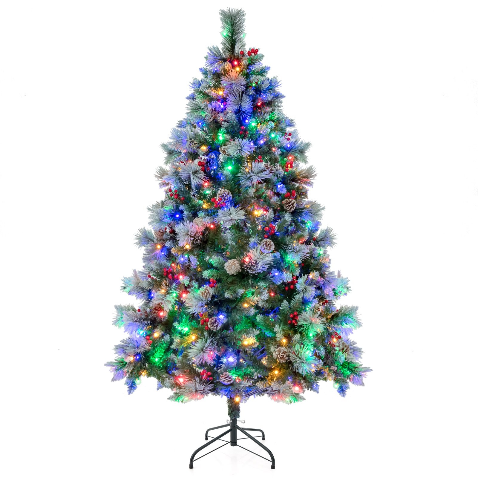 6/7 feet artificial Christmas tree featuring green and frosted branches, adorned with colorful fiber optic lights and eight lighting modes, set on a black metal stand.