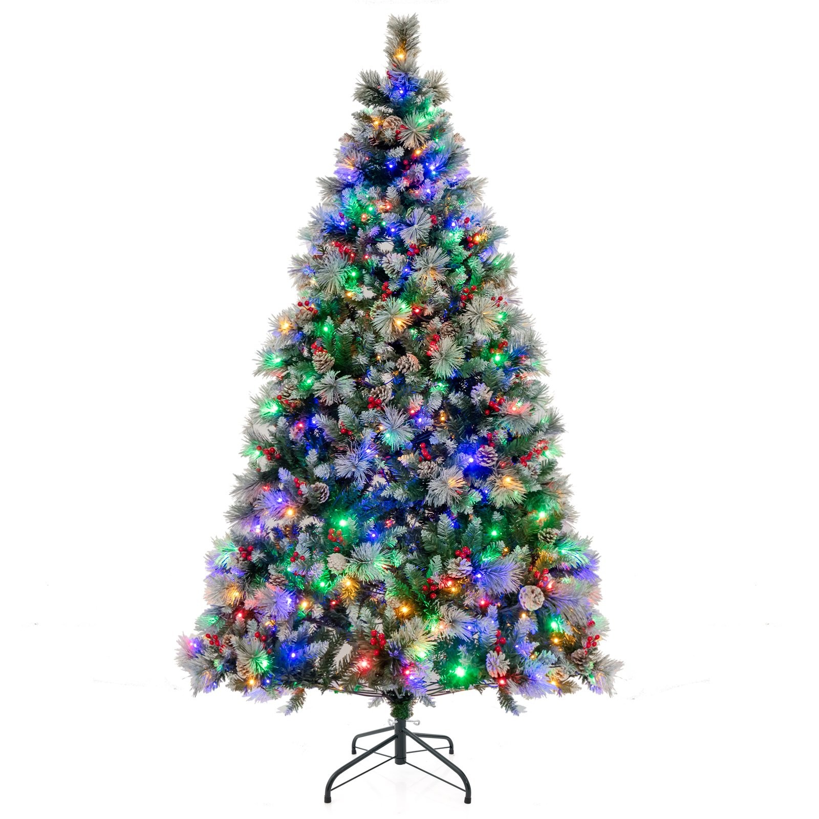6/7 feet tall artificial Christmas tree featuring vibrant green branches, colorful fiber optic lights, and 8 lighting modes, resting on a black metal stand.