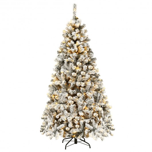 6-foot pre-lit artificial Christmas tree with snow-flocked branches, featuring a mix of green and white tips, and a sturdy black metal stand.