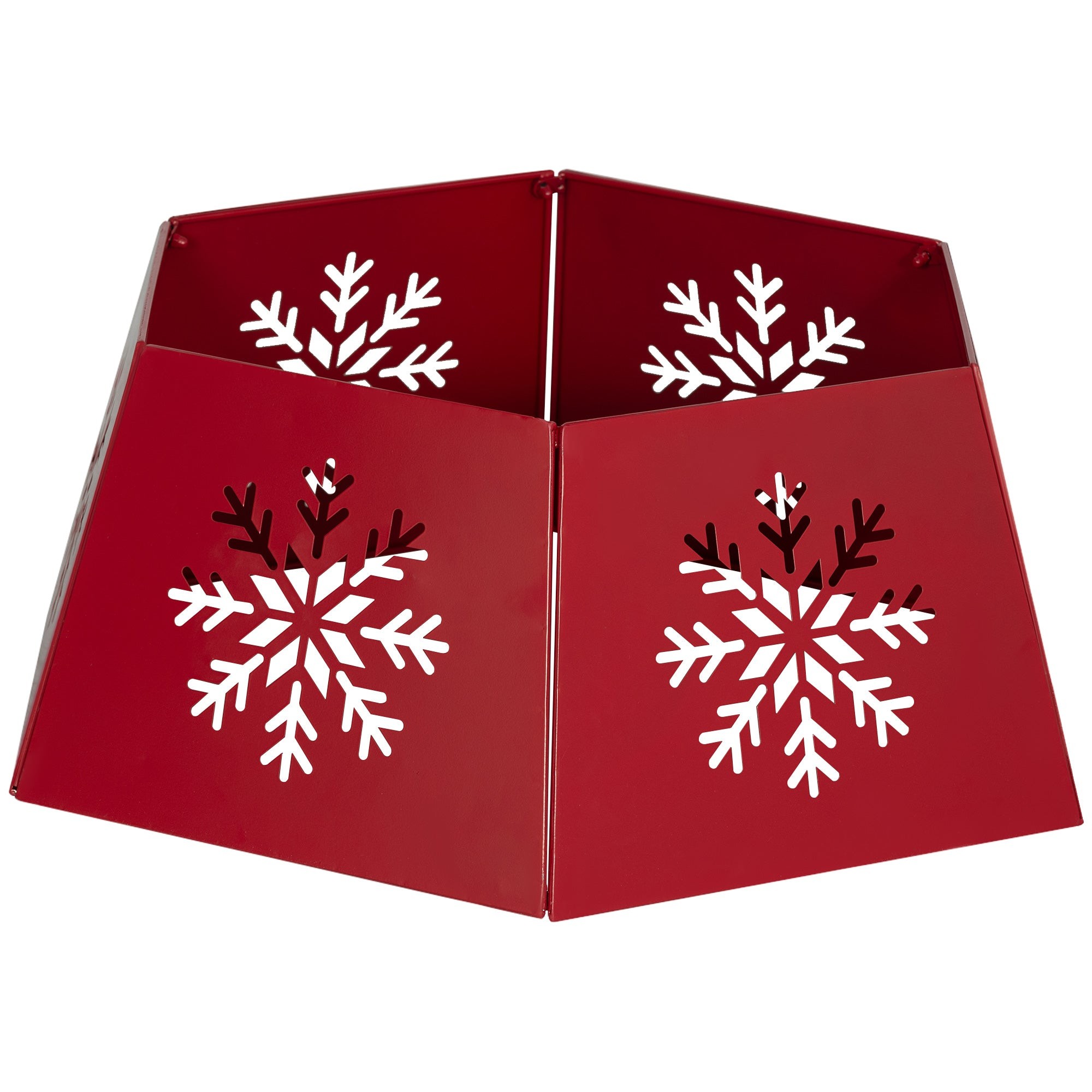Red hexagon Christmas tree base cover made of metal, featuring hollow snowflake patterns in white, designed to add a festive touch to holiday decor.