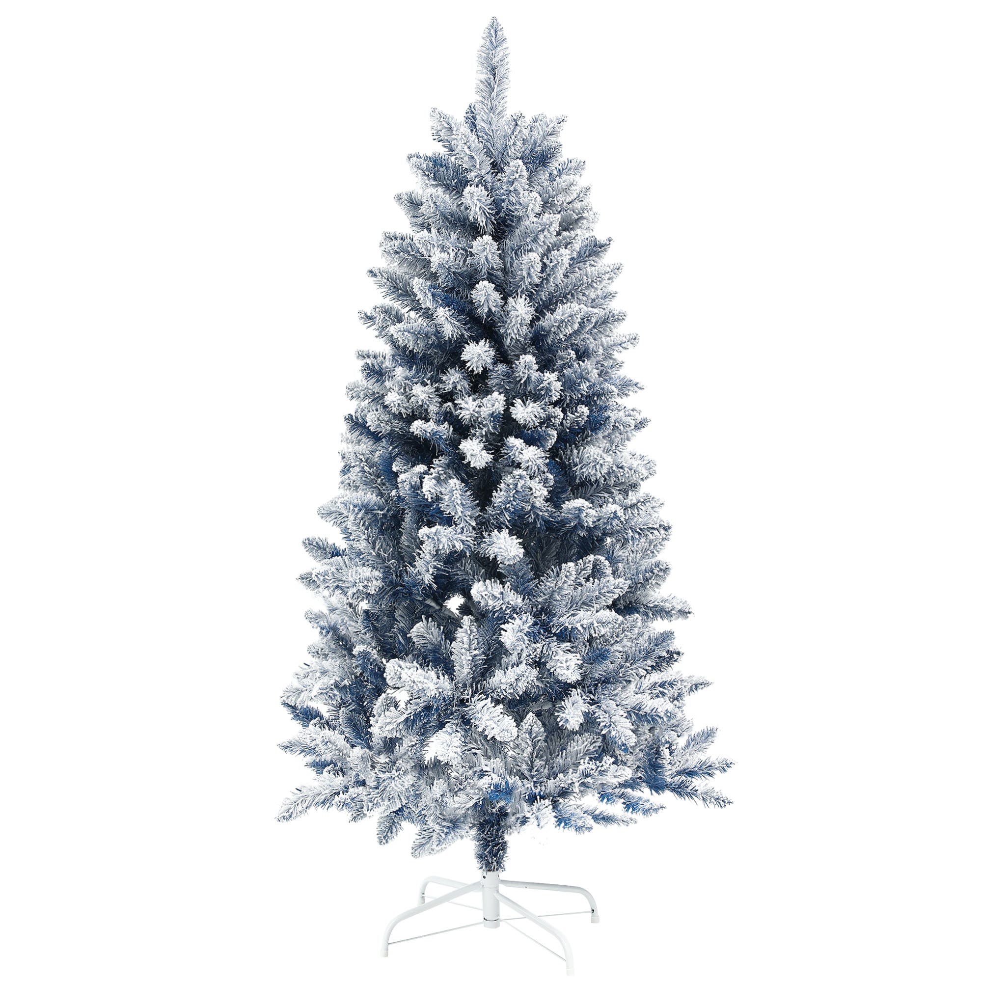 5ft blue artificial Christmas tree with a flocked finish, featuring snowy branches and a sturdy metal stand, perfect for festive holiday decor.
