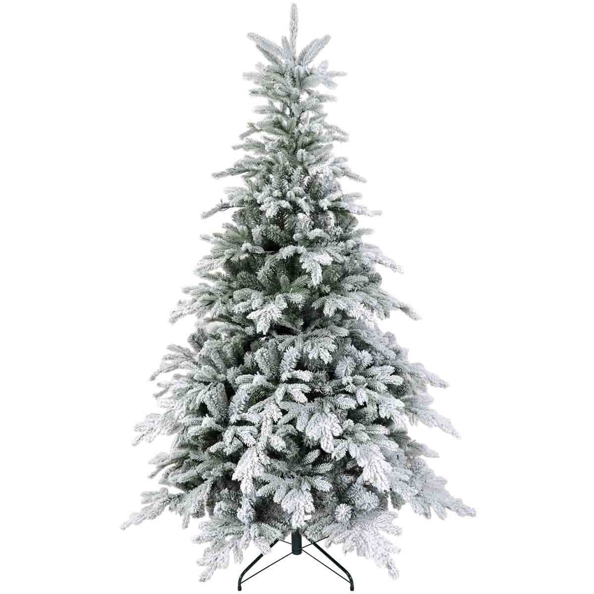 6ft green artificial Christmas tree with snow-like flocking, prelit with LED lights, featuring a sturdy black metal stand for stability.
