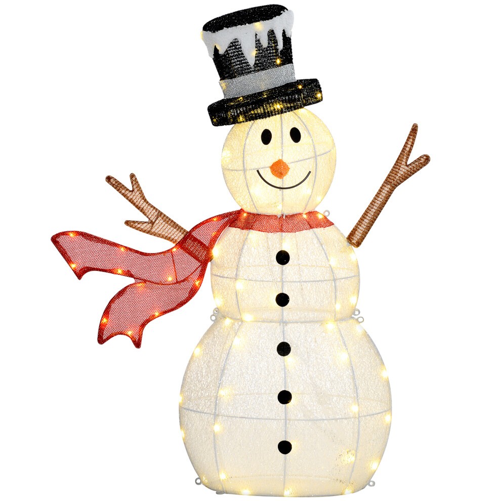 Lighted white snowman decoration with a black top hat, red scarf, and stick arms, featuring warm white lights and a cheerful smile, designed for outdoor use.