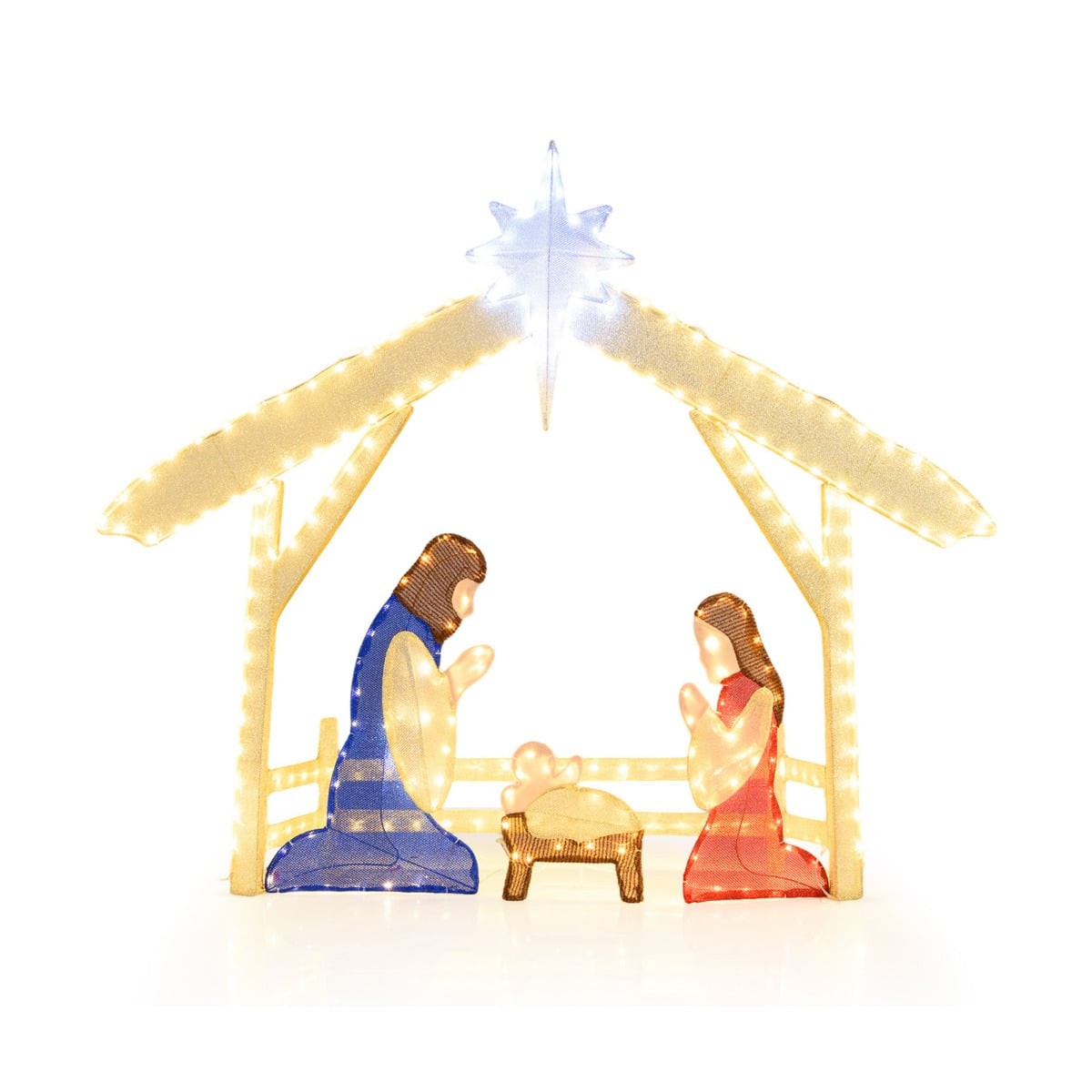 Pre-lit Christmas Holy Family set featuring a stable with a blue-robed Joseph, a red-robed Mary, and a baby Jesus, illuminated by 272 warm and cold white LED lights.