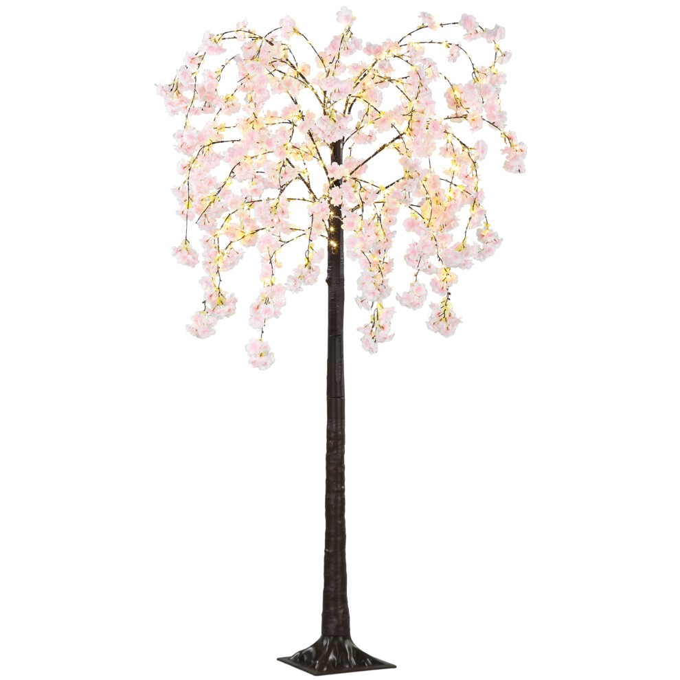 A 180cm artificial cherry blossom tree with pink flowers and 350 warm LED lights, featuring a dark brown trunk and a sturdy base for stability.