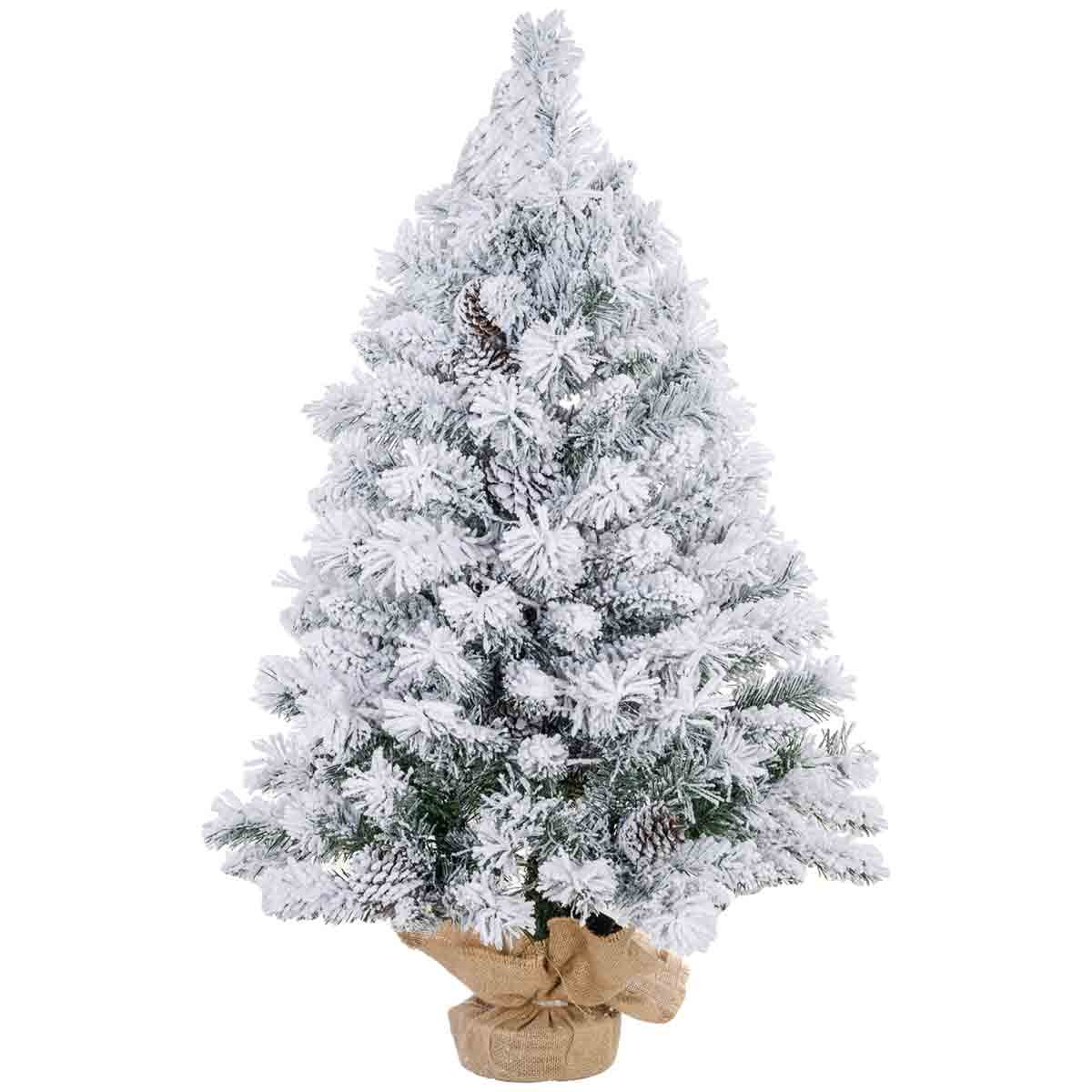 3ft artificial Christmas tree with frosted green branches, LED lights, and a concrete base, wrapped in burlap for a festive touch.