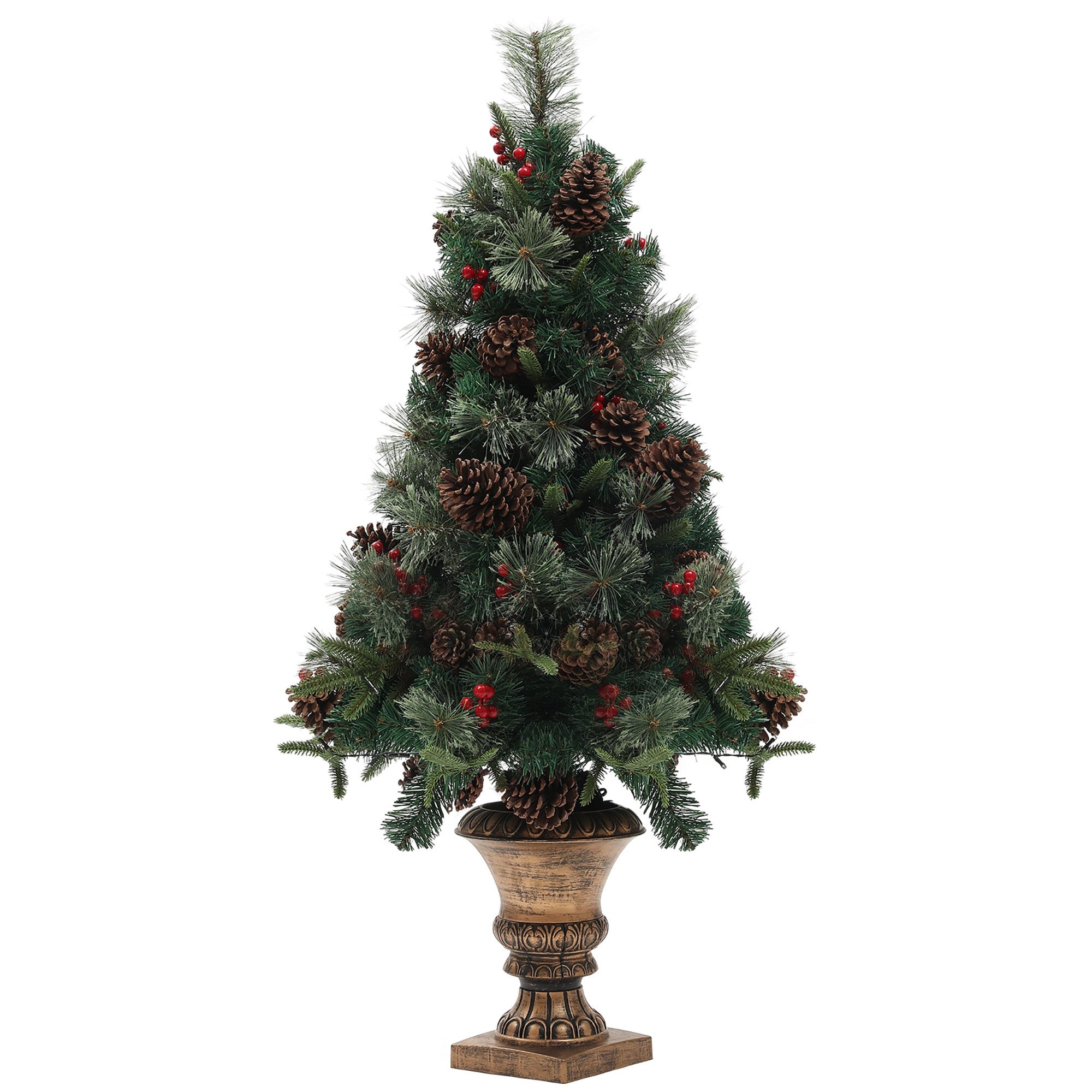 4ft artificial Christmas tree with realistic green foliage, decorated with pine cones and red berries, featuring 60 warm white LED lights, set in an ornate gold pot.