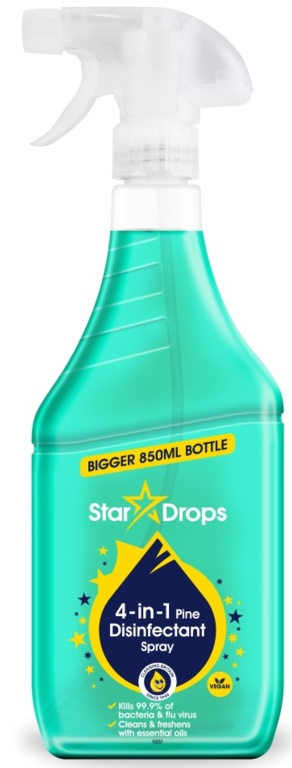 Green plastic spray bottle with a white nozzle, labeled "Star Drops 4-in-1 Pine Disinfectant Spray," featuring a blue and yellow star design and an 850ml capacity.