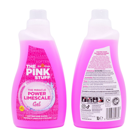 Bright pink plastic bottle of "Stardrops the Pink Stuff Power Limescale" gel, featuring a white circular label with text, and a flip-top cap, designed for tackling limescale.