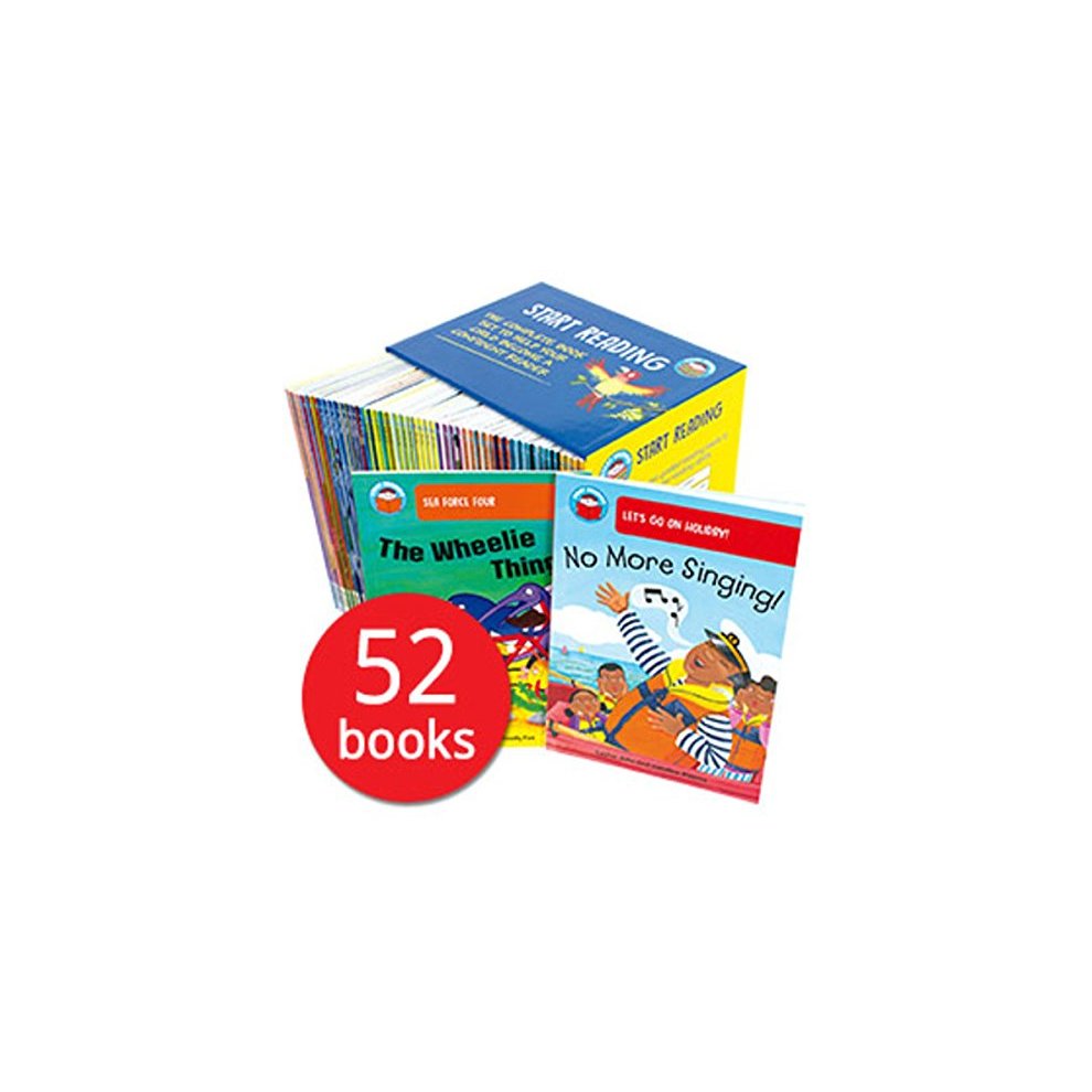 Colorful box set containing 52 early reading books for children, featuring vibrant covers with illustrations, labeled "Start Reading" and categorized by levels 1 to 9.