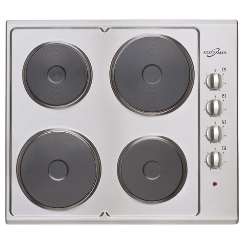Stainless steel 4-plate electric hob cooktop featuring four black heating zones and three control knobs on the right side for temperature adjustment.