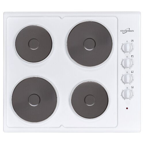 Statesman ESH630SS electric hob cooktop features a stainless steel finish with four black heating plates and three control knobs on the right side for temperature adjustment.