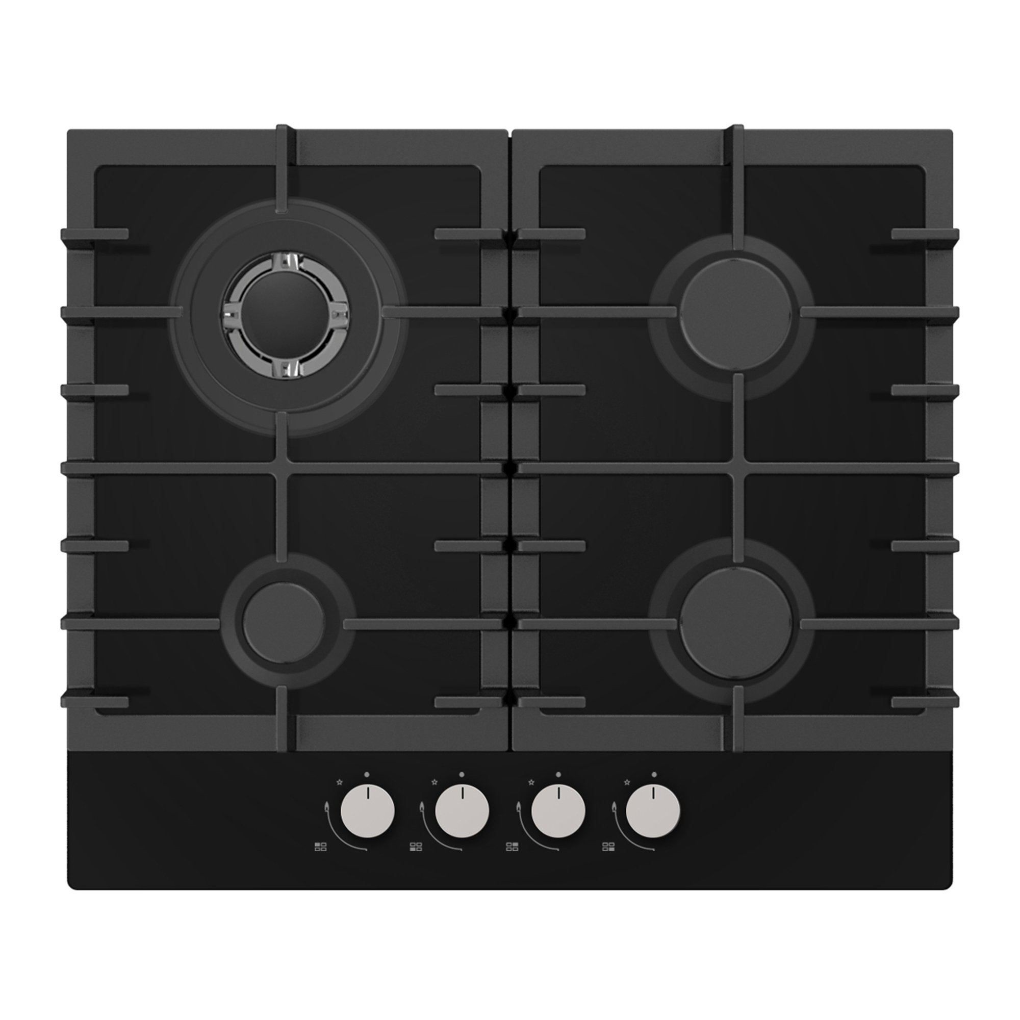 60CM black glass gas hob featuring four cooking zones, stainless steel control knobs, and a sleek, modern design with a minimalist aesthetic.