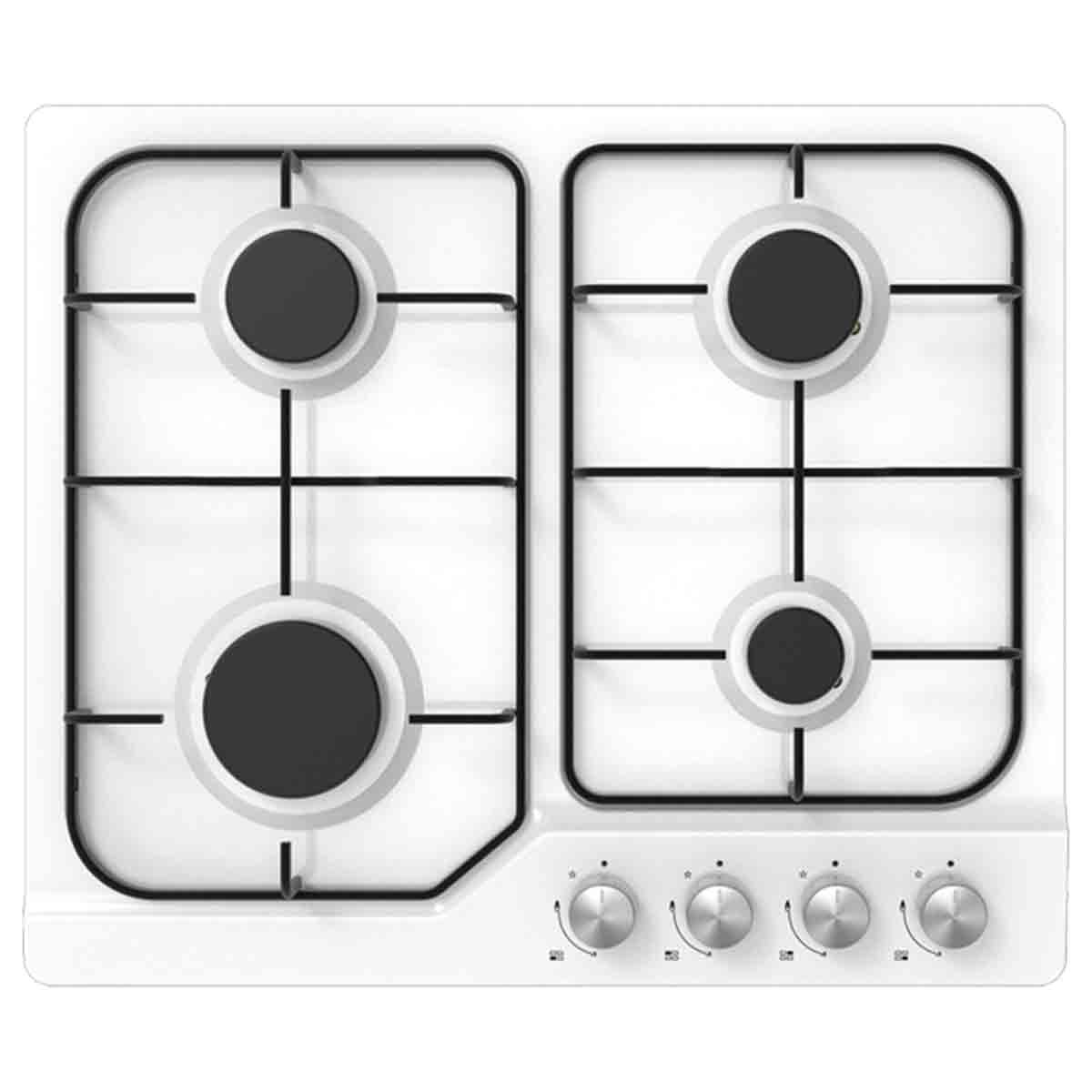 Statesman 60CM white gas hob featuring four cooking zones with black enamel burners and stainless steel control knobs for precise heat adjustment.