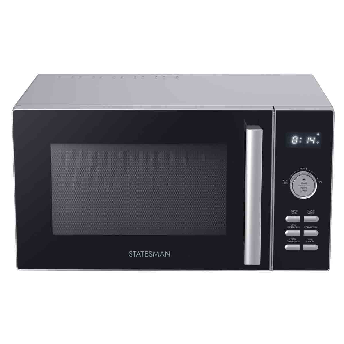 Silver 25L digital combination microwave by Statesman features a sleek design, a black glass door, a digital display, and multiple control buttons for easy operation.