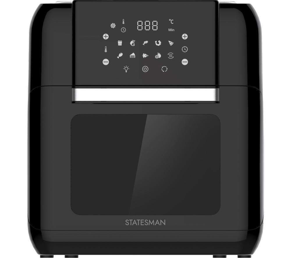 Black Statesman SKAO11015BK 11L 10-in-1 Digital Air Fryer Oven featuring a sleek design, digital control panel with temperature display, and a large transparent window.