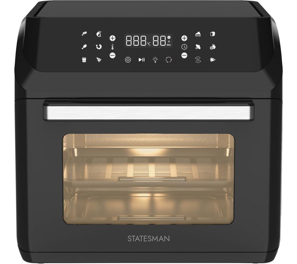 Black digital air fryer oven with a sleek design, featuring a glass door, stainless steel handle, and a control panel with digital display and icons for various cooking functions.