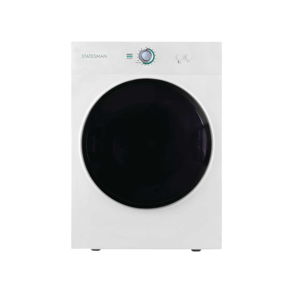 Compact white vented tumble dryer with a large black door, control dial, and two buttons, featuring a sleek and modern design by Statesman.