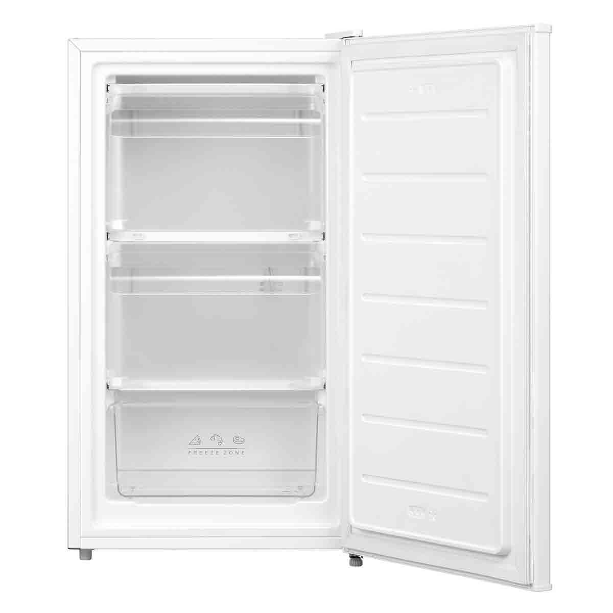White under counter freezer with a 47cm width, featuring a transparent drawer, adjustable shelves, and an energy-efficient E rating.