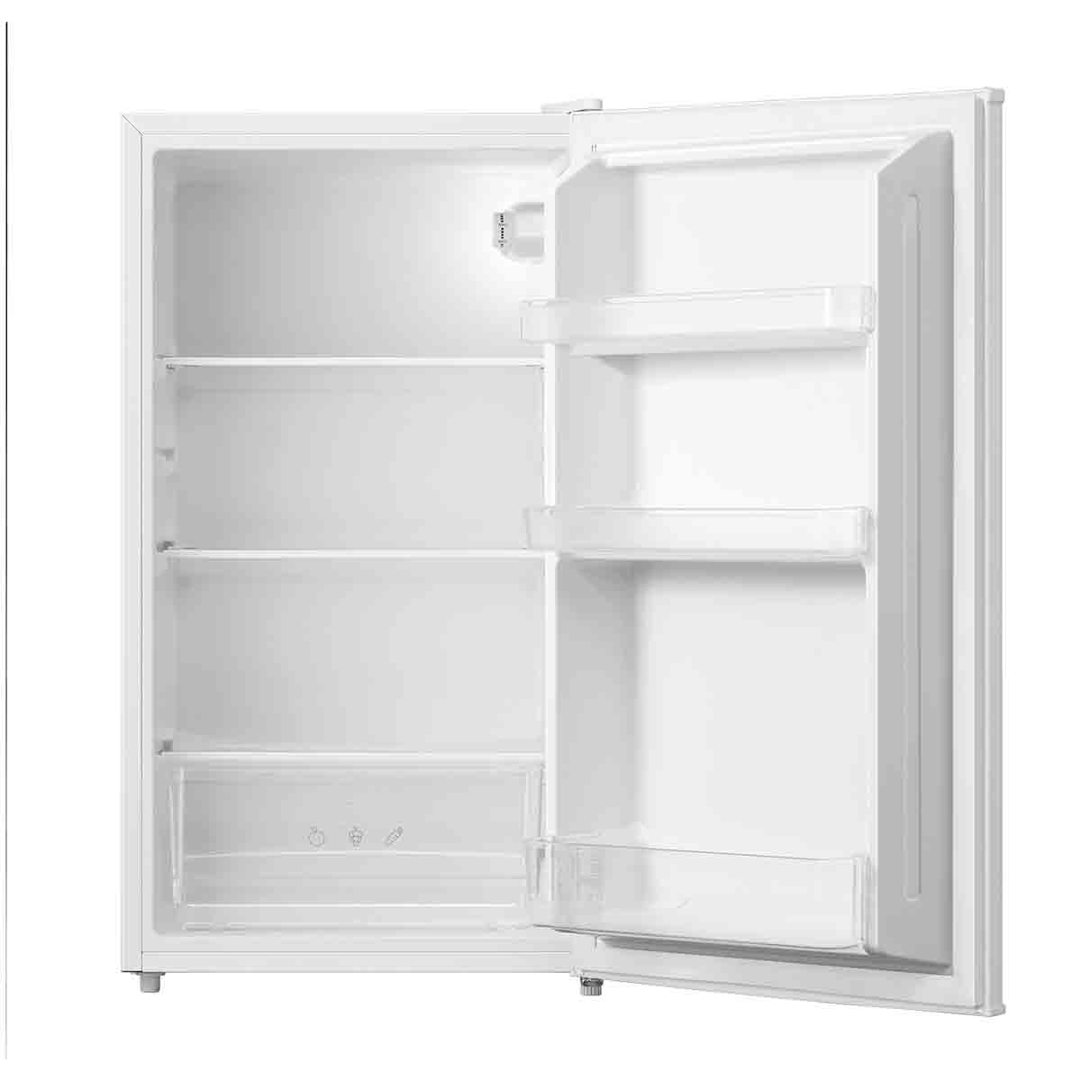 Statesman 47cm under counter larder fridge in white, featuring a sleek design with three adjustable shelves and a transparent drawer for easy organization.