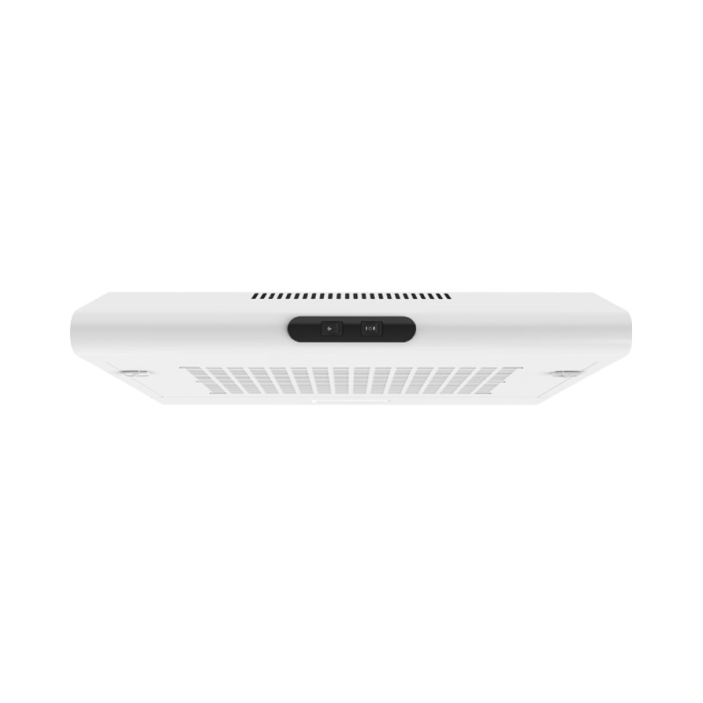 White 60cm visor cooker hood by Statesman featuring a sleek design, metal construction, and control buttons for fan speed and light.
