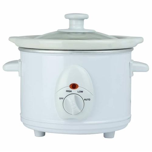 White 1.5-litre round slow cooker with a glass lid, featuring a control dial with settings for high, low, and auto, and sturdy handles on the sides.