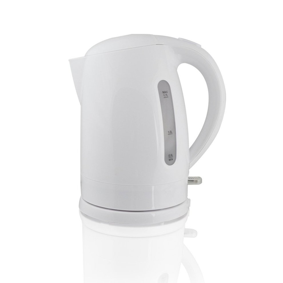 White cordless kettle with a swivel base, featuring a transparent water level indicator and a sleek, modern design.