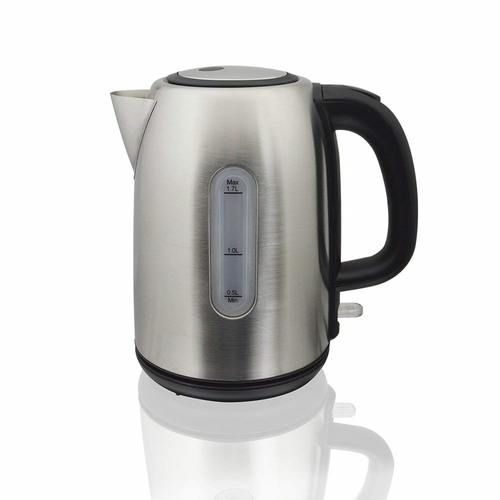 Stainless steel cordless kettle with a 1.7-litre capacity, featuring a black plastic handle, a clear water level indicator, and a swivel base for easy pouring.