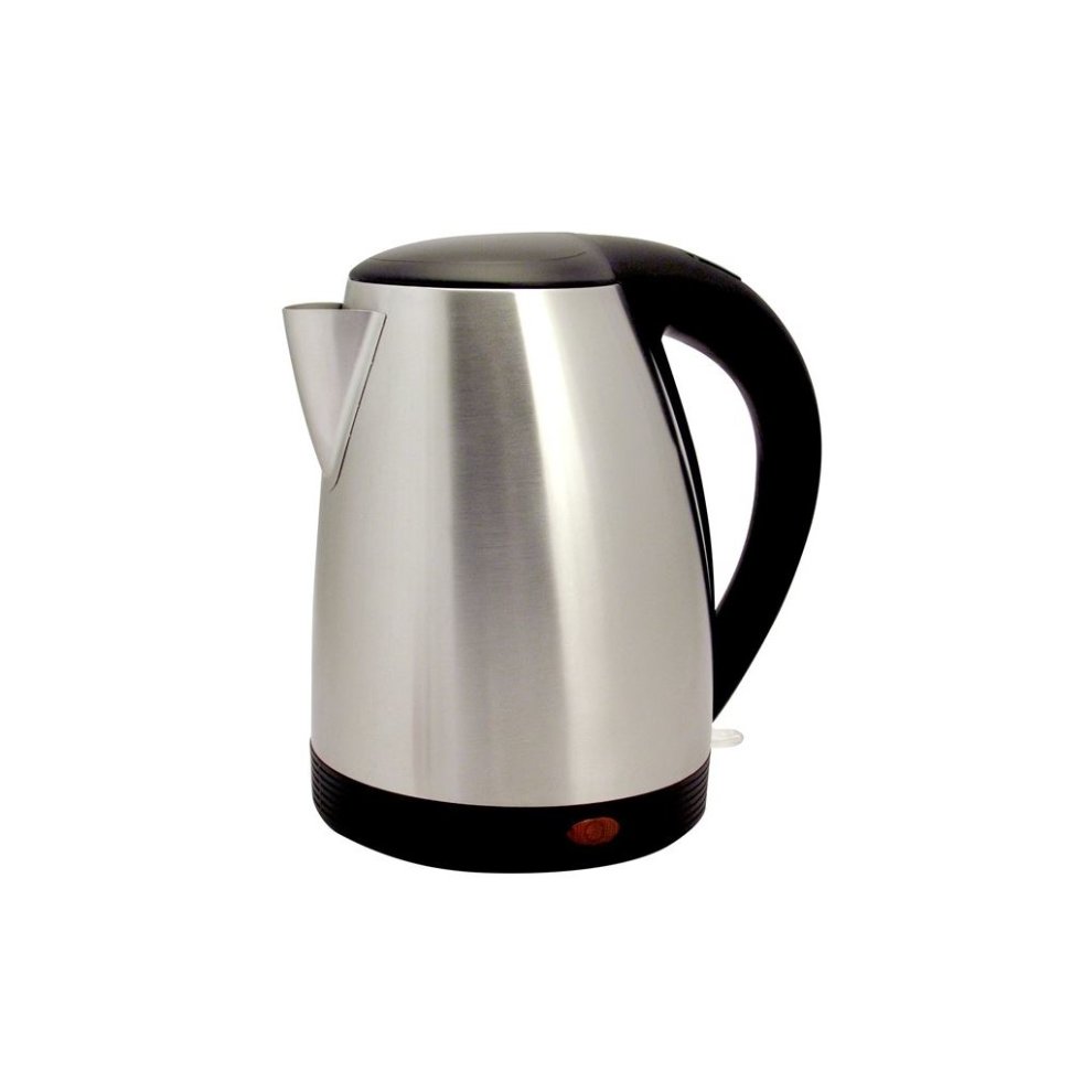 Stainless steel kettle with a sleek, polished finish, black plastic handle, and a swivel base; features a red indicator light and a spout for easy pouring.